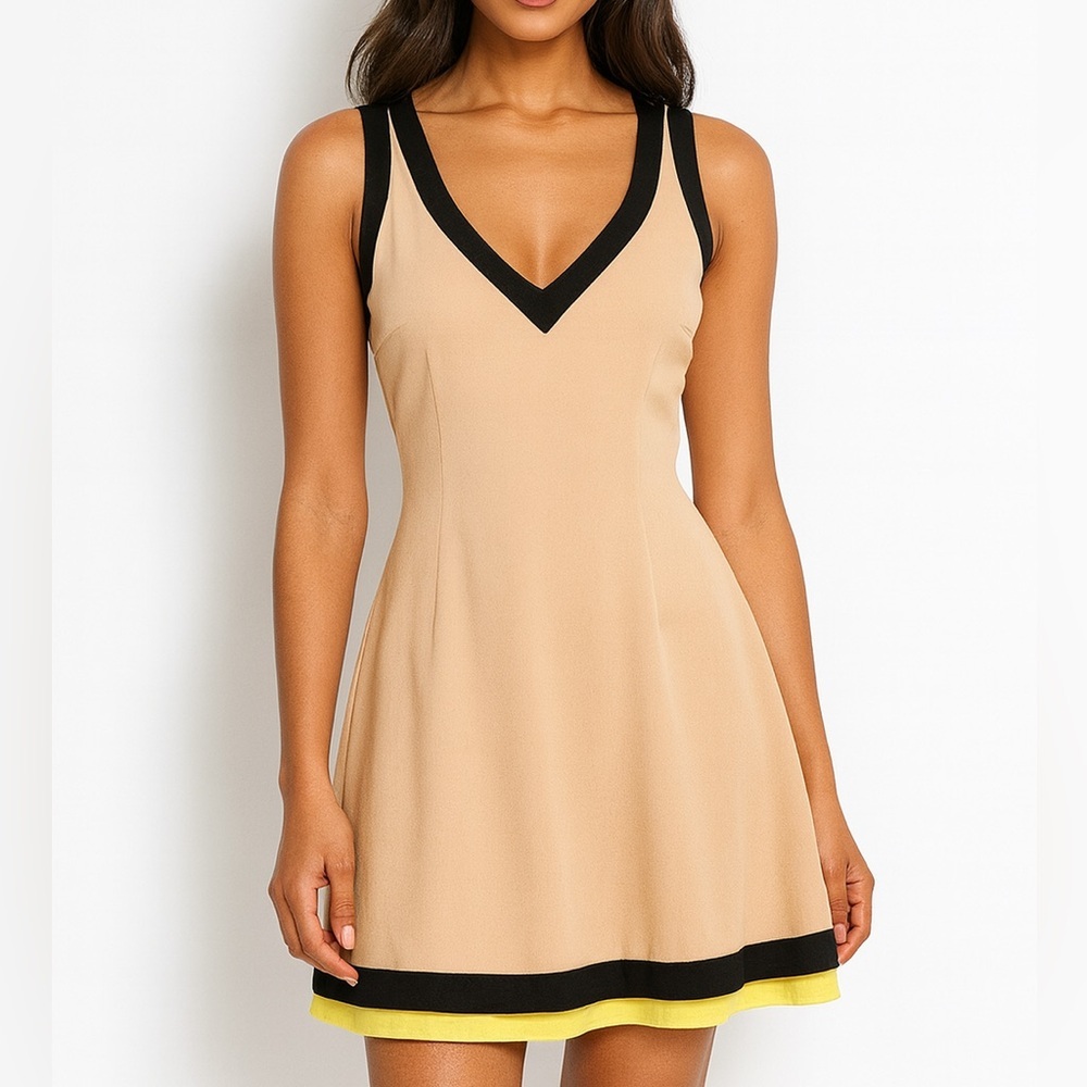 Jay Godfrey Silk V Neck Yellow Beige Colorblock Tommasino Sleeveless Mini Dress